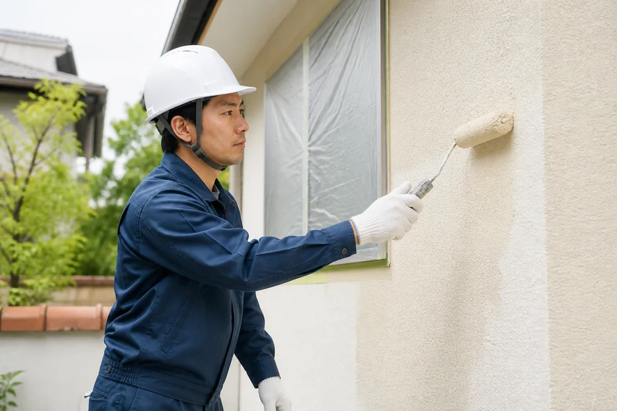 戸建て住宅の外壁をローラーで塗装する作業スタッフのイメージ