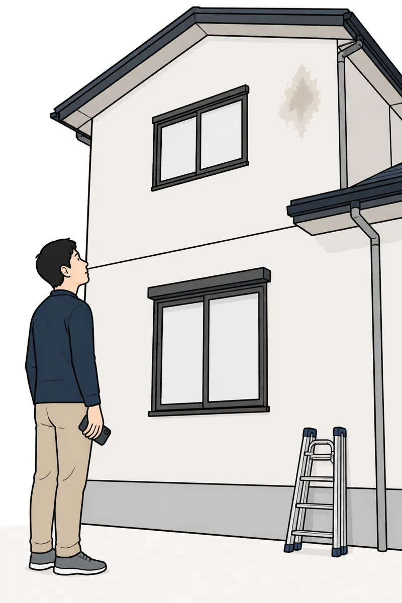 戸建て住宅の外壁を見上げる人のイラスト