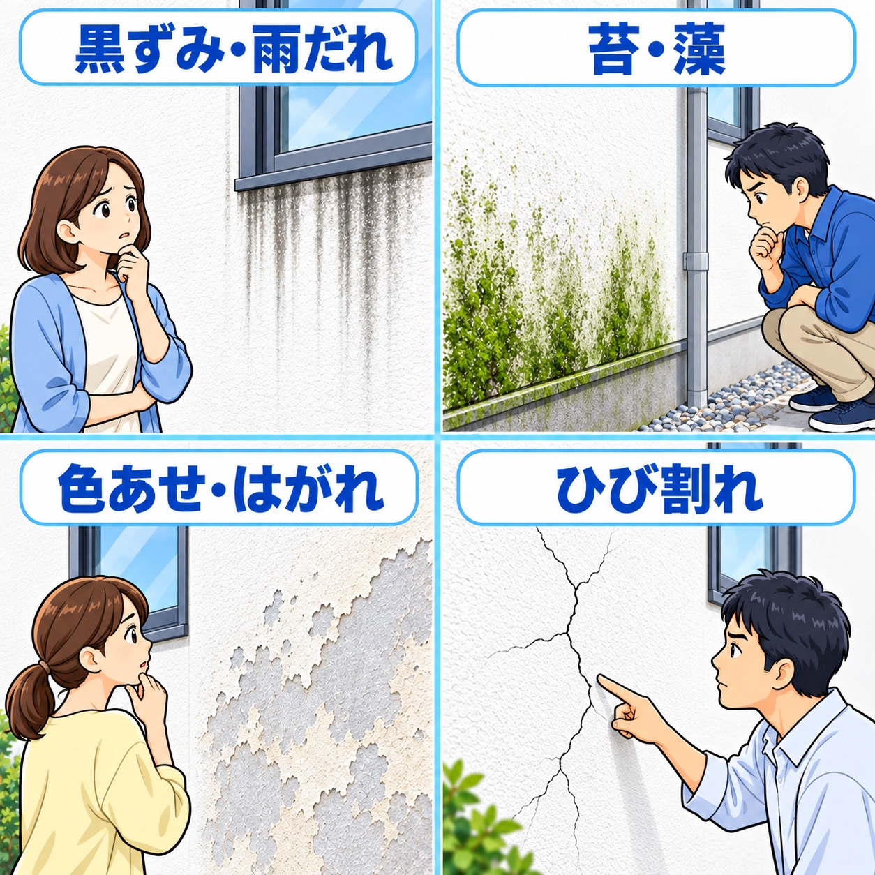 外壁の気になるサイン：黒ずみと雨だれ、苔と藻、色あせとはがれ、ひび割れ。各症状を見ている人のイラスト。