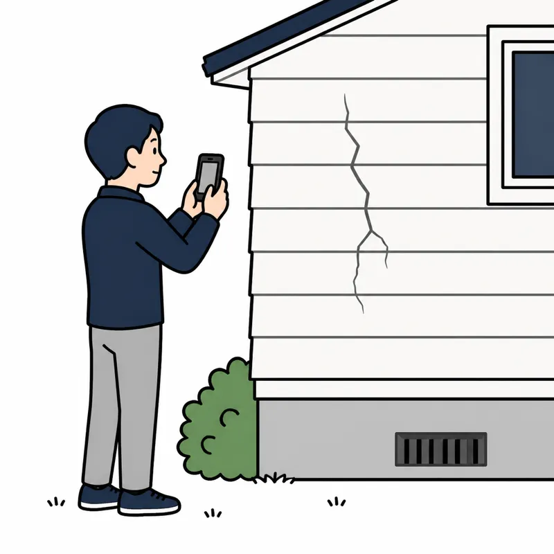 スマートフォンで外壁の写真を撮る人のイラスト